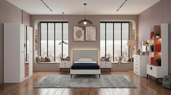 WeißEs Jugendzimmer Bett Kleiderschrank Nachttische Kommode BüCherregal-image