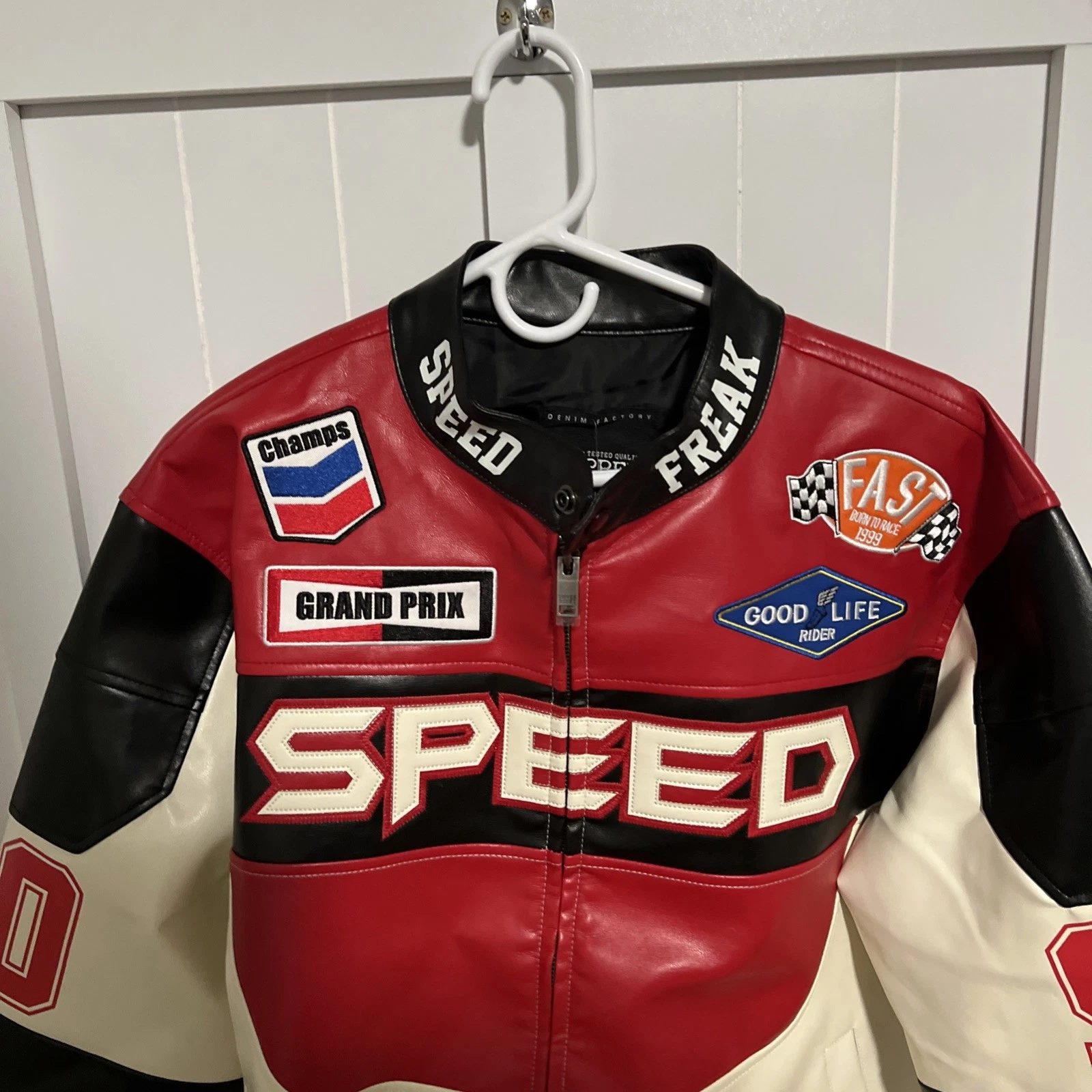 Team Speed Freak PU Men's Copper Rivet 90 Red Racing Jacket Sz Large NWT Zipper image 2