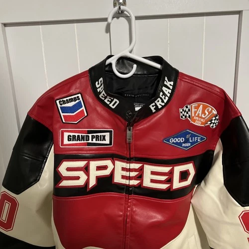 Team Speed Freak PU Men's Copper Rivet 90 Red Racing Jacket Sz Large NWT Zipper image 2