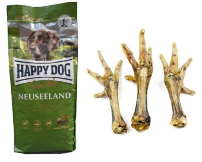 12,5kg Happy Dog  NEUSEELAND + 1kg Hühnerfüsse Hühnerkrallen Kauartikel