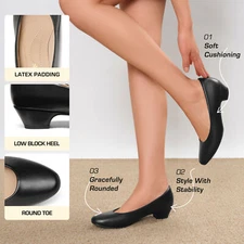 Women Round Toe Dress Pumps Low Chunky Heel Slip On Comfort Office Pump Shoes