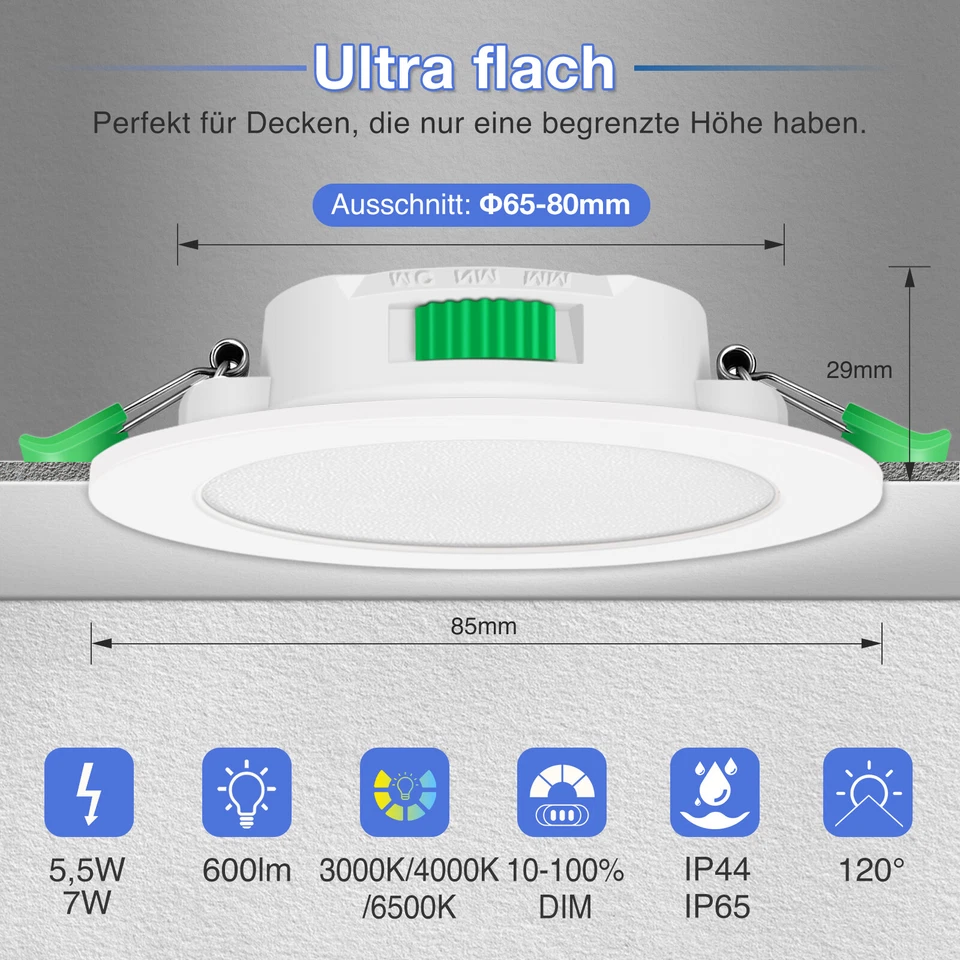 6x LED Einbaustrahler 68mm 7W Deckenspot Ultraslim Einbau Flach Panel Leuchte - Bild 3 von 4