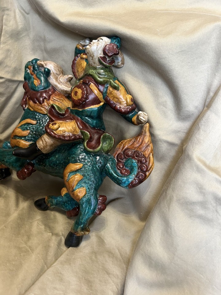 Chinese Ceramic Roof Tile Warrior Riding Dragon Horse (Chi Lin) Brings ...