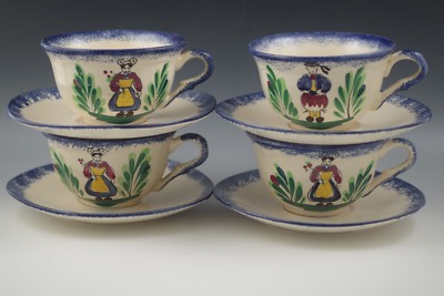 VTG FRENCH FAIENCE MBFA PORNIC SET OF 4 BREAKFAST CUPS AND SAUCERS BRETON LADY