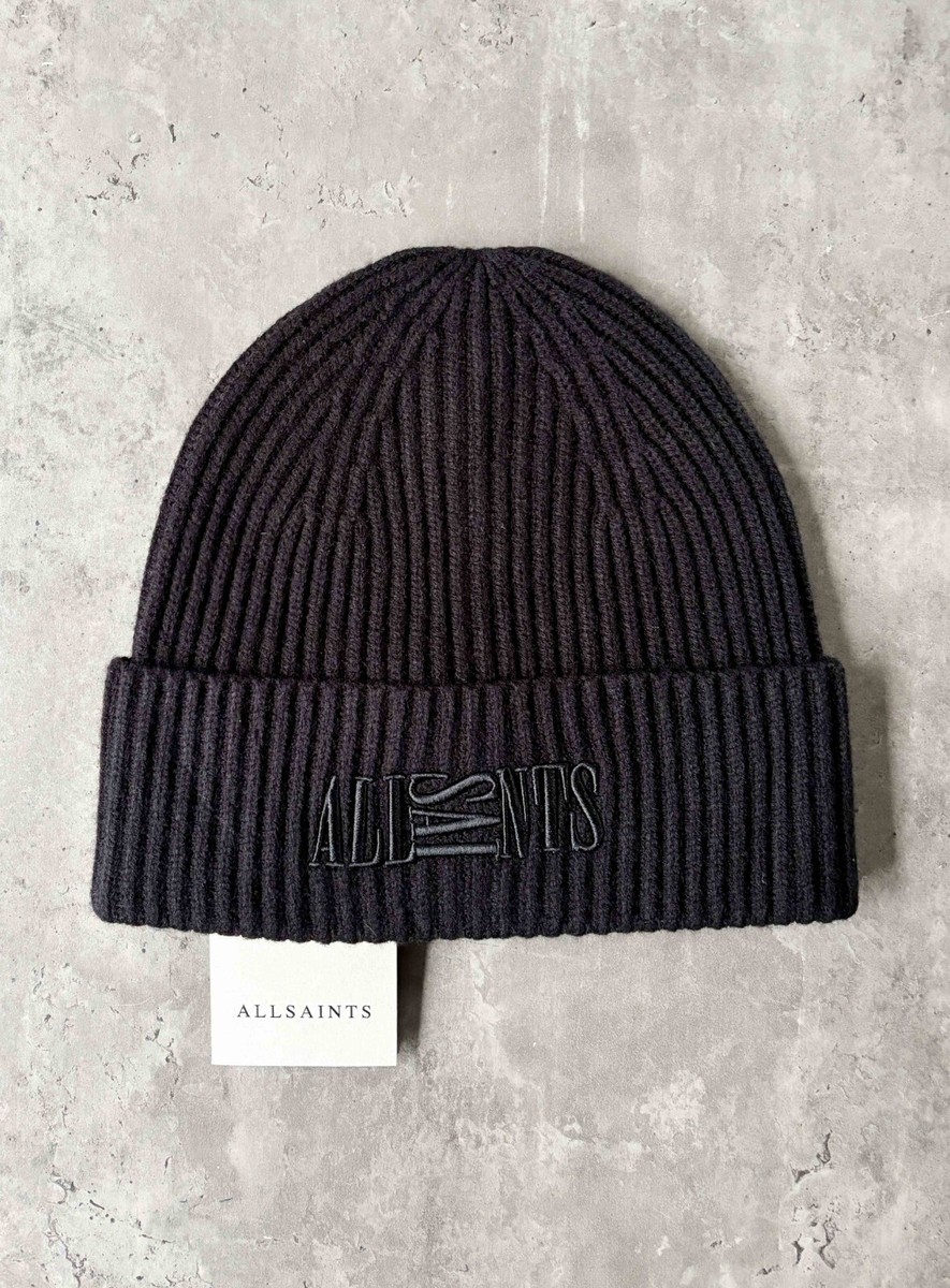 Allsaints Black Knit Beanie Embroidered Logo One Size Adult