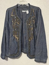 Awesome Hannah Denim Ruffle Trim Jacket With Bronze Bling - Size L