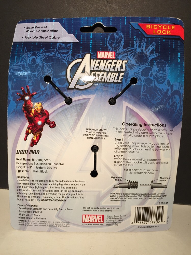 Marvel Avengers Captain America & Iron Man 4' Wordlock Combo Bike Steel Cable
