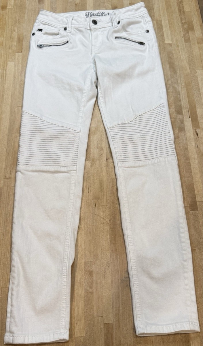 Miss Me Girls Skinny Moto Jeans White, Front Pockets Low Rise Size