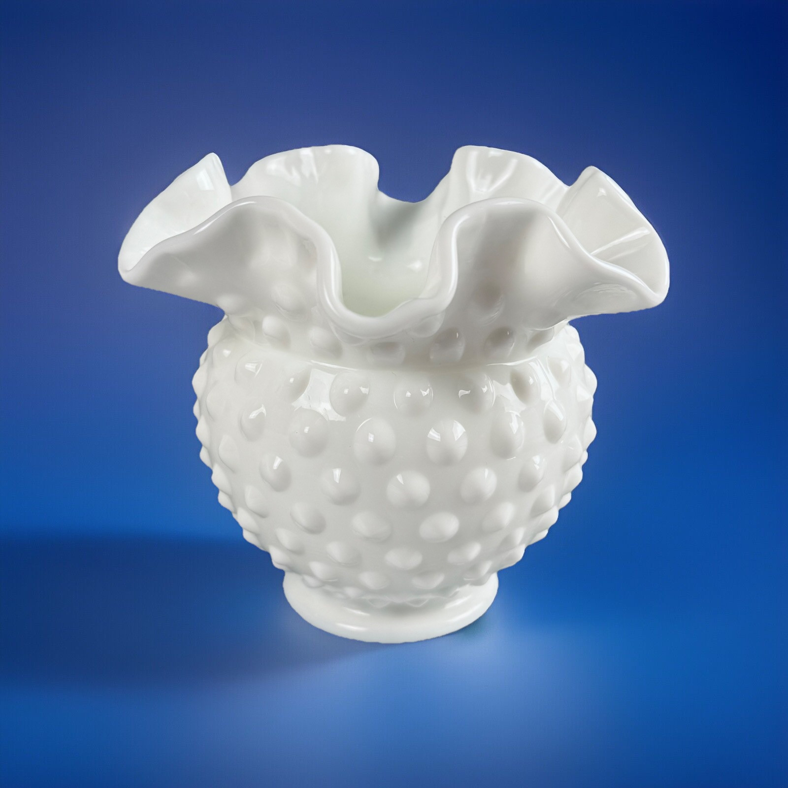 Fenton Hobnail Milk Glass Bud Vase Double Crimped Ruffled Edge 4” 1960's MCM Vtg