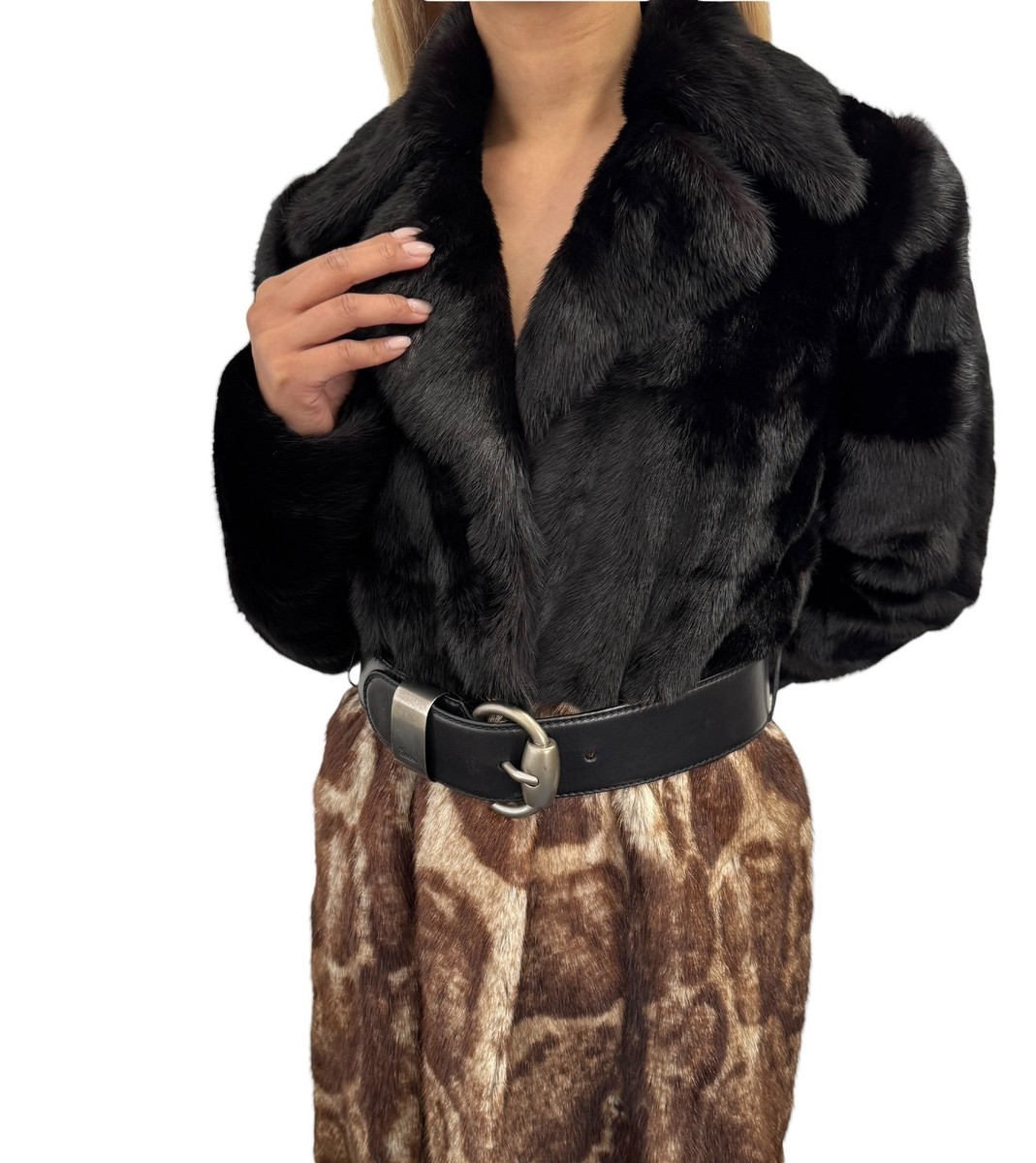 GUCCI Vintage Logo Belted Fur Leopard Long Coat Jacket #40 Black