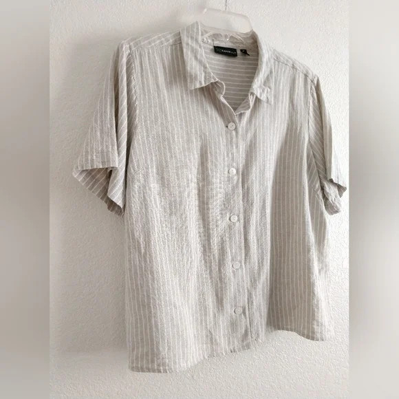 Rafaella Linen Blend Camp Shirt Beige White Cottage Mom Size XL, Chest 42"