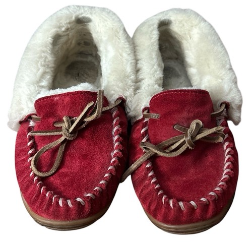 LL Bean Women's Red Wicked Good Moccasins suede upper and shearling interior 7 M