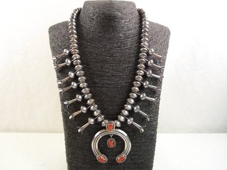 HEAVY 128g 22.75" Native Signed Sterling Coral Squash Naja Beads Necklace Navajo
