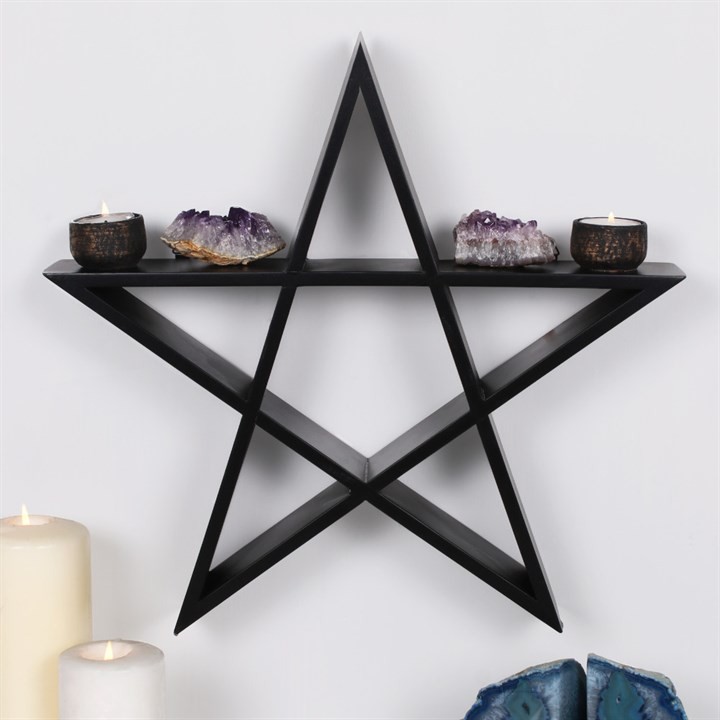 Gothic Witches Black Pentagram Wall Shelf. Crystal Candles Display Shelf.