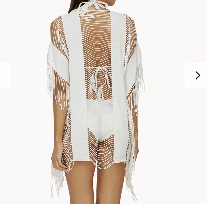 NWT PQ Swim Monique Shredded Fringe Trim White Cover Up Size XS/S Swimsuit Cover - Image 2 of 4