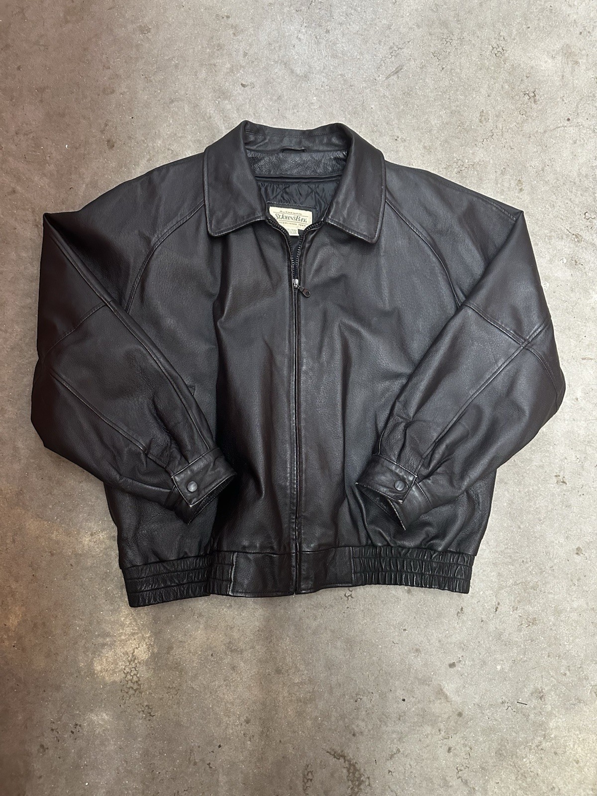 VTG St John's Bay Jacket Mens XXL Black Quilt Lined Leather Bomber Full Zip EUC