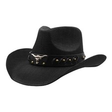 SAJUZEN Men Women's Straw Cowboy Hat with Wide Brim Medium Ba-ablack