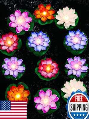 Hortsun 12pcs Floating Lotus Lights 5.91in Pool Pond Decor Multicolor Candles