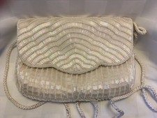 Iridescent White Glass Beaded Evening Prom Purse Handbag cord strap
