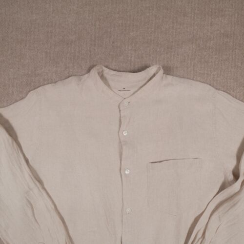 Muji Men's Long Sleeve 100% Linen Medium Tan/Oatmeal Band Collar Button Down - Picture 3 of 19