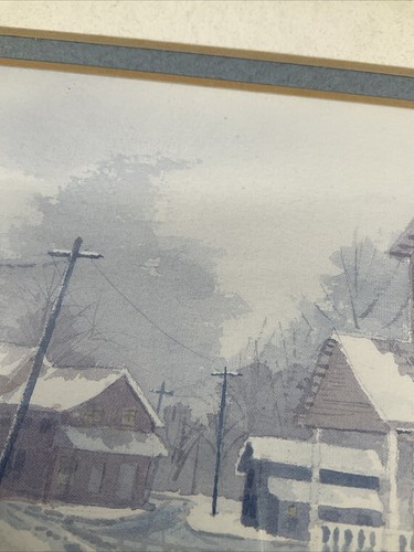 Watercolor Print 1991 John Fulton Winter Scene Snow Matted Frame Art Houses Stre - Picture 12 of 13