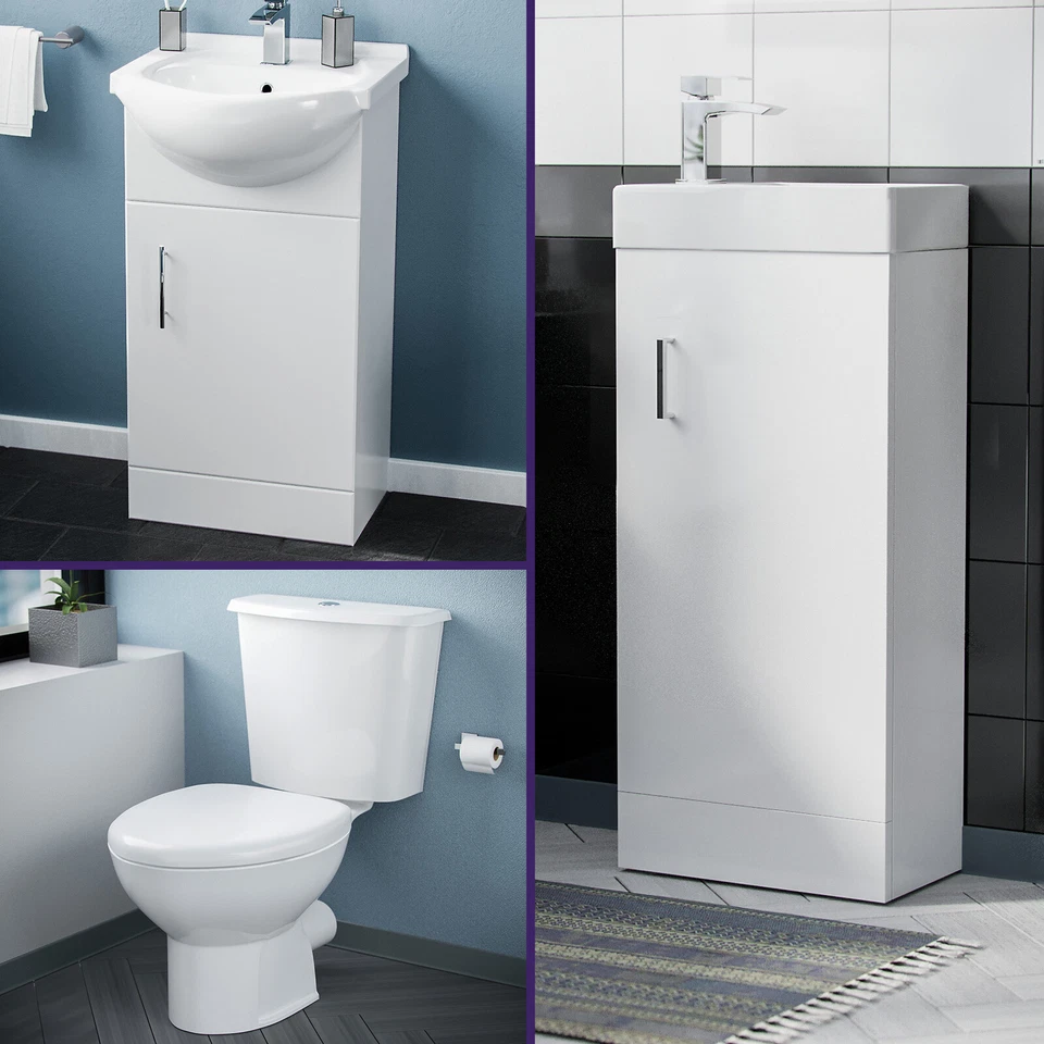 White 450mm Cloakroom Basin Sink Vanity Cabinet Unit with WC Toilet Set