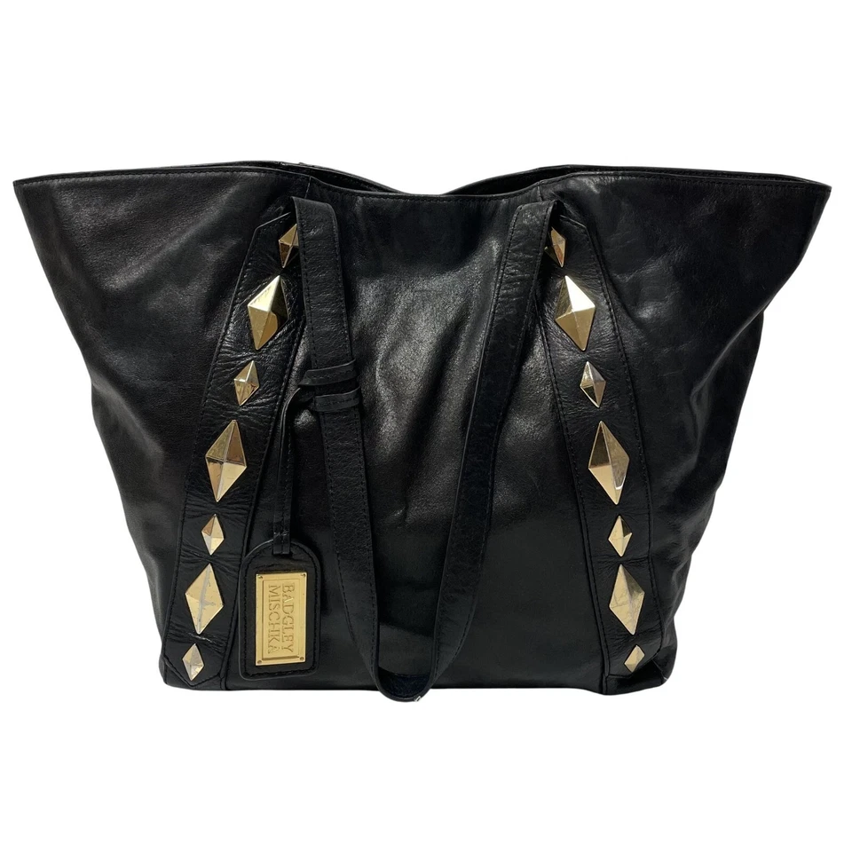 Badgley Mischka Black Leather CHIC SHOPPER Hand Bag Gold ARGYLE STUDDED Purse - Image 2 of 4