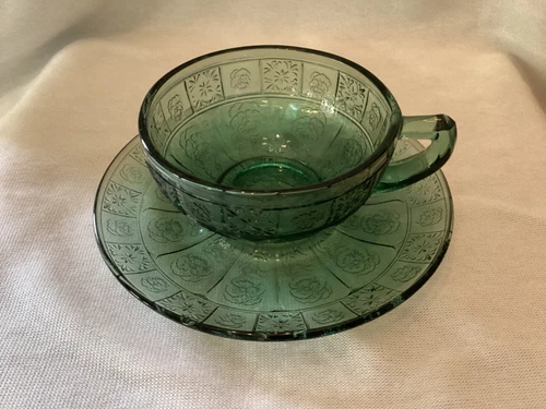 Jeannette Glass Co. "Doric & Pansy" child's teal cup & saucer