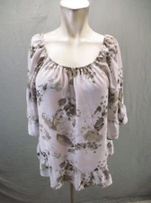 ELLE Size L Womens Multicolor Round Neck Short Sleeve Flowy Ruffle Blouse 380