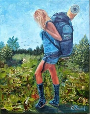 Traveler Woman Original Oil Painting Campaign Landscape Hand Painted Art 20x16