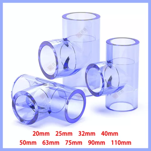 Clear PVC Tee T Piece Connector Adhesive Pipe Fittings ID 20-110mm Aquarium Pond