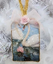Victorian Decoupage Glass Glitter Shabby Pink Roses Swan Christmas Tree Ornament
