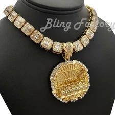 Gold Plated Alloy Large Last Supper Pendant & Iced Cubic Zirconia Chain Necklace
