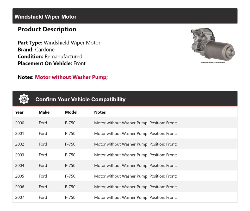 For 2000-2007 Ford F-750 Windshield Wiper Motor Front Cardone 2001 2002 2003 - Image 2 of 4