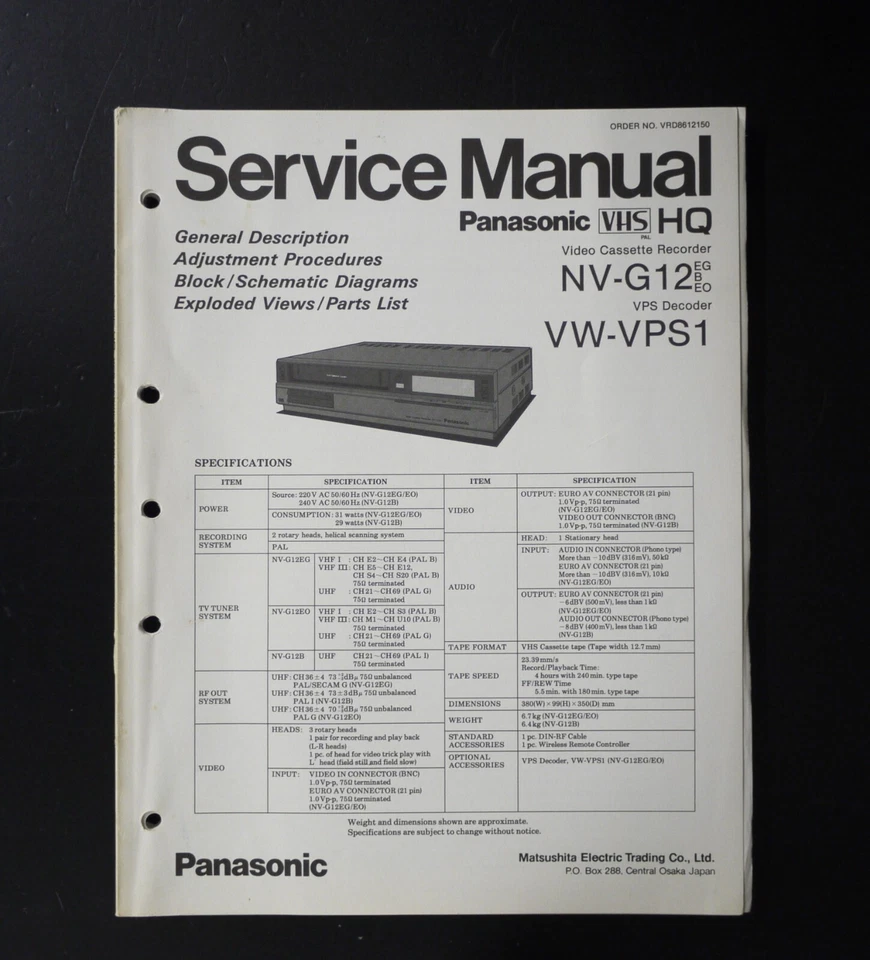 Original PANASONIC NV-G12 / VW-VPS1 Videorecorder Service Manual / Anleitung O9 - Bild 1 von 1