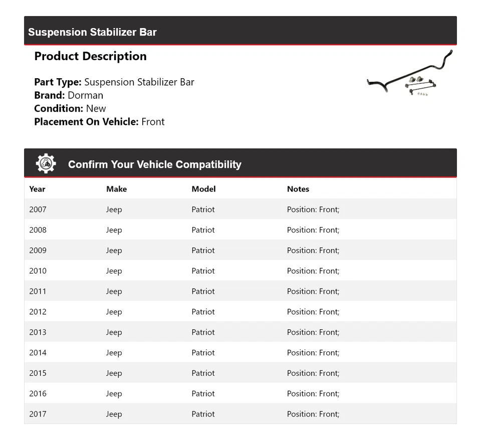 Стабилизатор передней подвески для Jeep Patriot Dorman 2007-2017 годов выпуска 2008 2009 2010 годов выпуска - Изображение 2 из 4