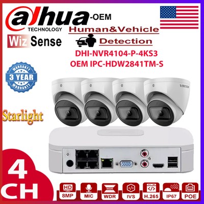Dahua 4CH PoE CCTV Camera System 8MP Starlight IP Camera OEM IPC-HDW2841TM-S Lot