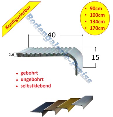 40x15mm  90-170cm  Treppenkantenprofil Treppenwinkelprofil ALU z.B. Vinyl, PVC