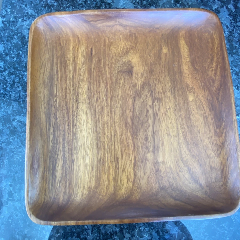 4 MCM Monkey Pod Wood Square Dinner Plates 12” & Tri Serving Dish Tiki Hawaii - Image 4 of 4