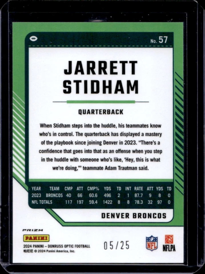 2024 Donruss Optic Jarrett Stidham Black Pandora #5/25 Broncos - Image 2 of 2
