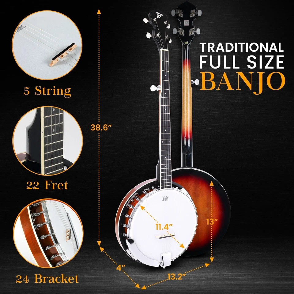 Pyle 5-String Banjo with White Pearl Color Plastic Tune Pegs & High-Density - Image 3 of 4