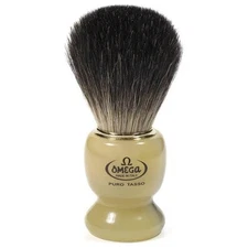 Omega Shaving Brush in Black Badger with Resin Handle and Holder.