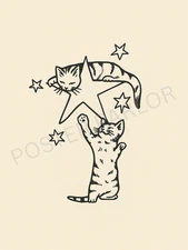 Vintage Aesthetic Cat Stars Poster Digital Print  