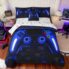 6 Piece Gaming Bedding Sets Twin for Boys, 3D Blue Game Controller Design Twi...
