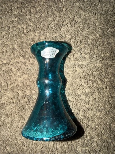 BLENKO Blue CRACKLE GLASS Vase / 4.25 Inches / VINTAGE American, Pre-1982