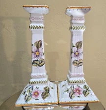 2~Floral Porcelain Candle Stick Made in Portugal 10" Tall x 4 1/2" Square Bottom