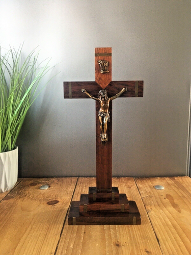 ANTIQUE FRENCH ART DECO ECCLESIASTICAL WOODEN ALTAR CRUCIFIX CHURCH CROSS JESUS - Picture 6 of 12