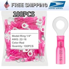 100Pcs Waterproof 22-16AWG Wire Crimp Connectors Heat Shrink Ring Terminals 1/4"