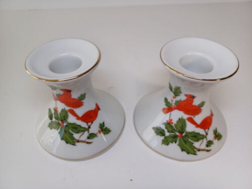 2 Lefton Hand Painted Red Cardinal Holly Porcelain Christmas Candle Holders Japa - Picture 1 of 10