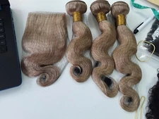 HONEY BLONDE 27# BRAZILIAN VIRGIN HAIR BODY WAVE BUNDLE 12+14+16&10 LACE CLOSURE